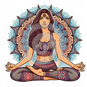 Yoga - Meditation, a woman in the lotus position against the mandala patterns. The emblem of yoga