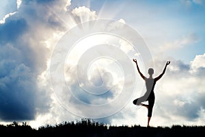 Yoga Meditation, Woman Stand with Raised Arms, Nature Sun Sky