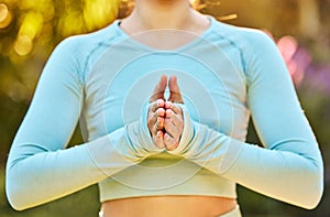 Yoga meditation, zen and body of woman meditate for spiritual mental health, chakra energy balance or soul aura healing