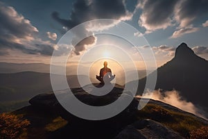 Yoga on mountain top at sunset, lonely man meditating outdoor, generative AI