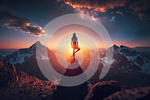 Yoga on mountain top at sunset, woman silhouette on sky background, generative AI