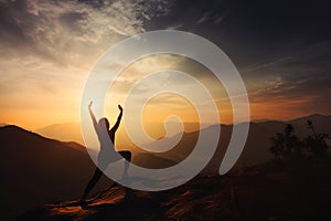 Yoga on mountain top at sunset, woman silhouette on sky background, generative AI