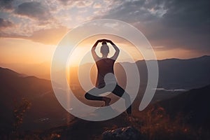 Yoga on mountain top at sunset, woman silhouette on sky background, generative AI