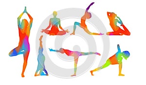 Yoga multi-colored silhouette. mixed media. Vector illustration. Figures of girls