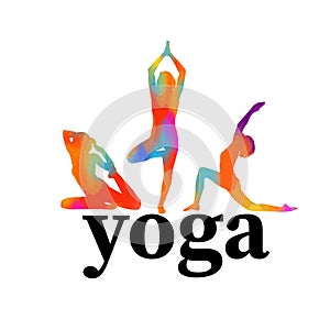 Yoga multi-colored silhouette. Vector . Figures of girls