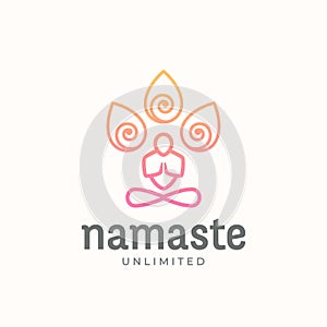 Yoga Namaste Concept Abstract Vector Linear Style Sign or Logo Template. Meditating Person Silhouette with Limitless