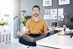 Yoga, office and business man in lotus pose for mental health and breathing exercise at a desk. Corporate, meditation