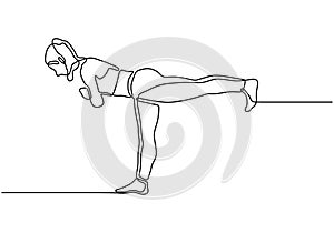 Yoga one line aerobic girl doing exercise. Continuous hand drawn minimalism of woman fitness