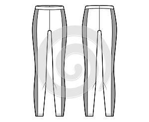 Yoga pants technical fashion illustration with elastic waistband, side panels, training slim, casual knit trousers. Flat