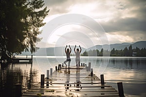 Yoga on a peaceful island in the middle of a lake, experiencing synchronicity. Generative AI photo