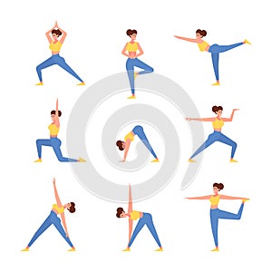 Yoga persons. Sport female characters healthy lifestyle people yoga stretch poses garish vector colored flat pictures