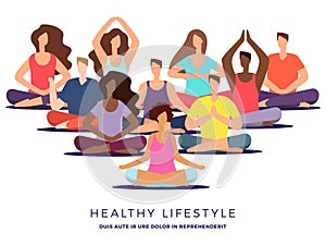 Yoga or pilates class vector illustration. Meditation woman and man