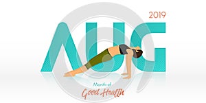 Yoga pose for August banner. Yoga routine header for calendar template. Month of Good Health concept. Vector Illustration.