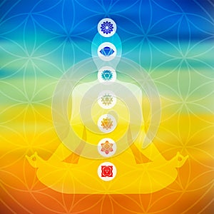 Yoga pose with chakra icons