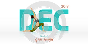 Yoga pose for December banner. Yoga routine header for calendar template. Month of Good Health concept. Vector Illustration.