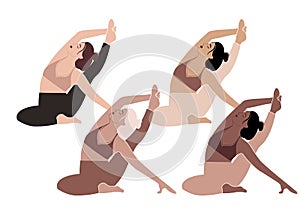 Yoga pose diversity wome class. Poeple sport characters, Indoor class. Black woman activity  illustration. Young fitness group photo