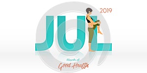 Yoga pose for July banner. Yoga routine header for calendar template. Month of Good Health concept. Vector Illustration.