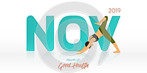 Yoga pose for November banner. Yoga routine header for calendar template. Month of Good Health concept. Vector Illustration.