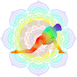 Yoga pose Parivritta Baddha Anjaneyasana. Mandala