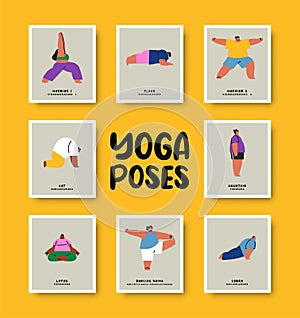 Yoga pose people cartoon position list set