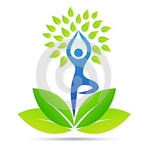 Yoga pose people tree healthy life wellness logo