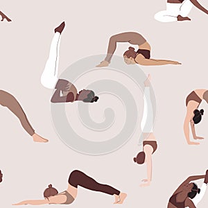 Yoga pose seamless pattern, diversity women sport class. Poeple  flat  characters, Indoor group. Black woman activity