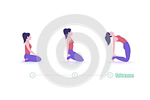 Yoga pose. Ushtrasana - Camel Pose. Exercise step by step