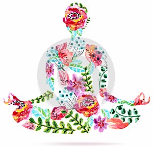 Yoga pose, watercolor bright floral illustration