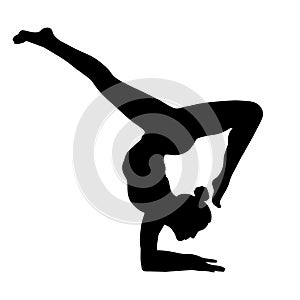 Yoga pose, woman handstand silhouette, vector outline portrait, gymnast figure, black and white contour drawing