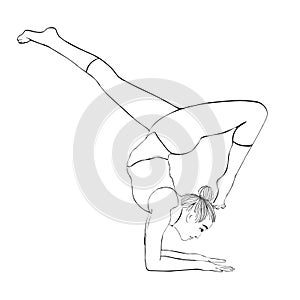 Yoga pose, woman handstand, vector coloring drawing portrait. Meditation, is engaged in gymnastic girl makes a stand on