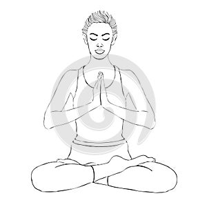 Yoga pose, woman meditating in a lotus pose, vector coloring drawing portrait. Meditation relaxation girl sitting cross