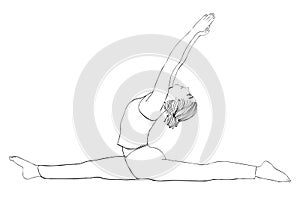 Yoga pose, woman to do the splits, vector coloring drawing portrait. Cartoon girl is engaged in gymnastics. Contour