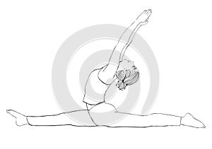 Yoga pose, woman to do the splits, vector coloring drawing portrait. Cartoon girl is engaged in gymnastics. Contour photo