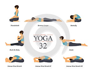 yoga poses or asana posture in flat design. Woman is doing exercise for body stretching. Yoga infographics.