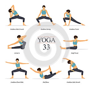 yoga poses or asana posture in flat design. Woman is doing exercise for body stretching. Yoga infographics.