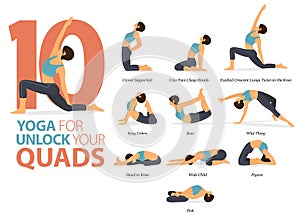 10 Yoga poses or asana posture for workout in unlock your quads concept. Women exercising for body stretching. photo