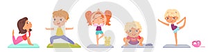 Yoga poses of children set, cute boy and girl stretching and meditating, sport activity