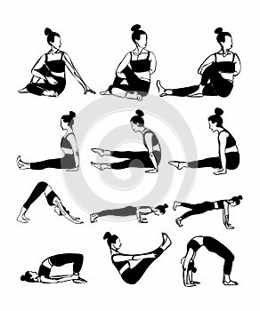 Yoga Poses Collection Set Black Icons Isolated on White Background