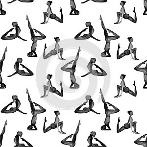 Yoga Poses Collection. Watercolor seamless pattern. Black and white.