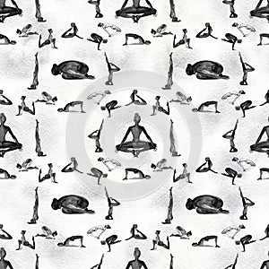 Yoga Poses Collection. Watercolor seamless pattern. Black and white.