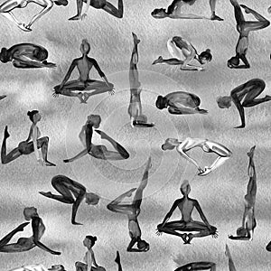 Yoga Poses Collection. Watercolor seamless pattern. Black and white.