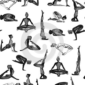 Yoga Poses Collection. Watercolor seamless pattern. Black and white.