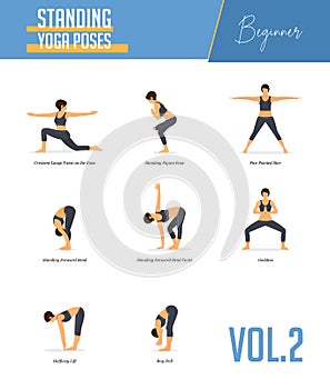 Yoga poses for concept of balancing and standing poses in flat design style. Strong Woman exercising for body stretching. Vector.