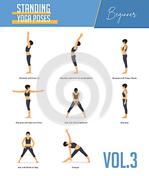 Yoga poses for concept of balancing and standing poses in flat design style. Strong Woman exercising for body stretching. Vector.