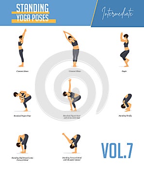 Yoga poses for concept of balancing and standing poses in flat design style. Strong Woman exercising for body stretching. Vector.