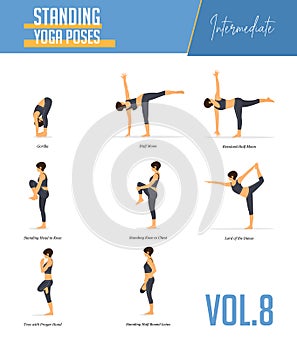 Yoga poses for concept of balancing and standing poses in flat design style. Strong Woman exercising for body stretching. Vector.