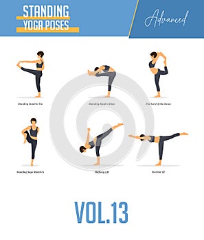 Yoga poses for concept of balancing and standing poses in flat design style. Strong Woman exercising for body stretching. Vector.