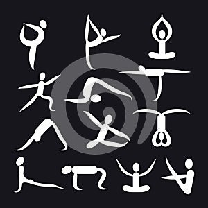 Yoga poses and health care icons for fitness symbols.