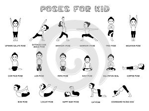 Yoga Poses For Kid Vector Illustration Monochrome