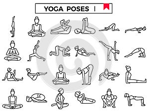Yoga poses outline design icon set.